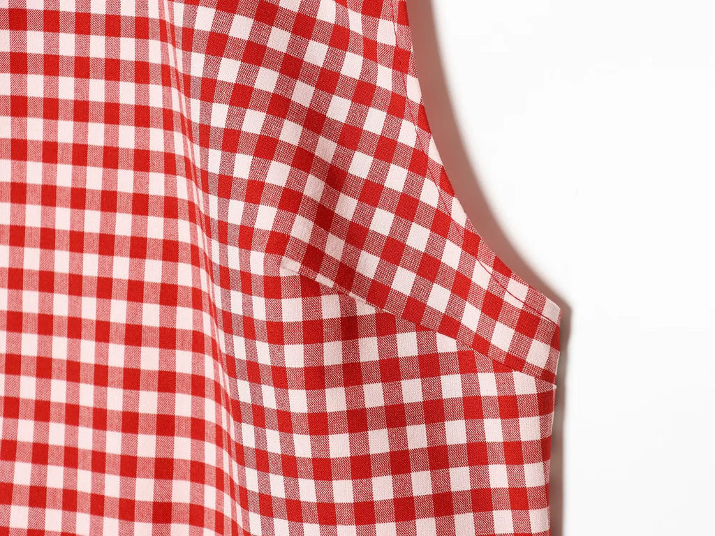 Vintage Red White Plaid 2-Piece Set Collar Zipper Sleeveless Vest+Side Slim Pant