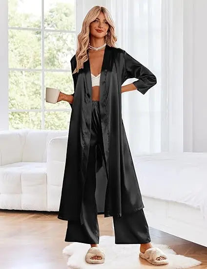 Satin Robe Belted Elegant Solid Color Silky Comfort Bathrobe Loungewear