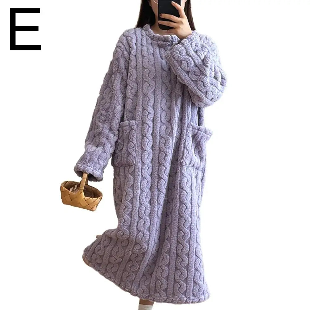 Velvet Women's Long Sleeve Double Pocket Flannel Loose Solid Sleepwear
