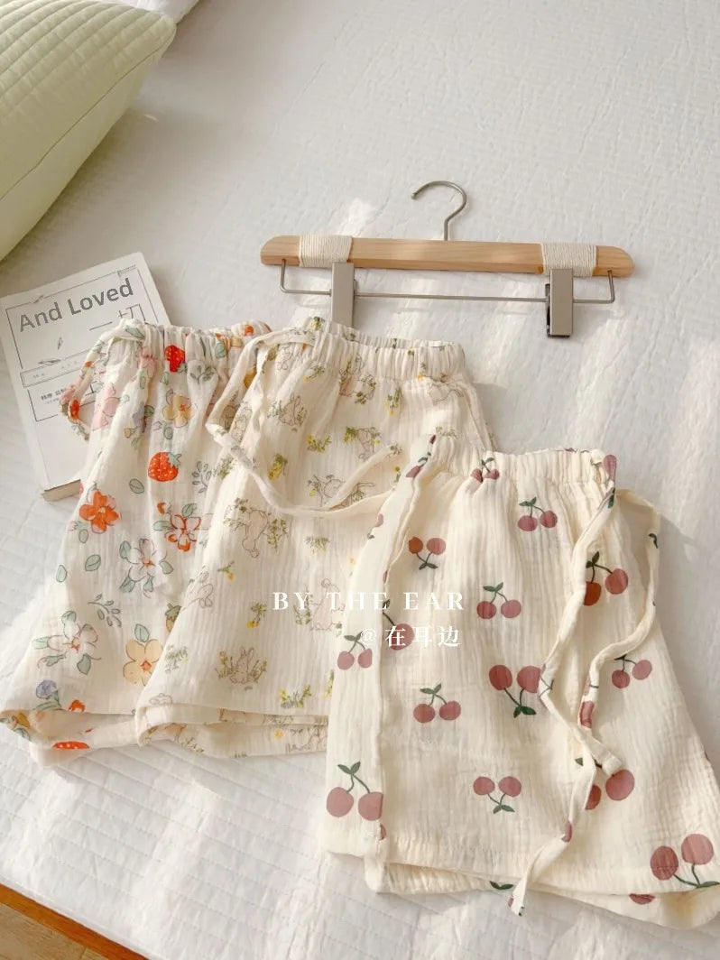 Thin Pure Cotton Bubble Cotton Gauze Sweet Loose High Waist Full Cotton Shorts