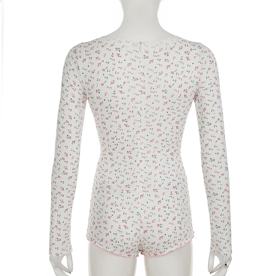 Floral Print V-neck Lace Trim Knitted Long Sleeve Cute Aesthetic Rompers