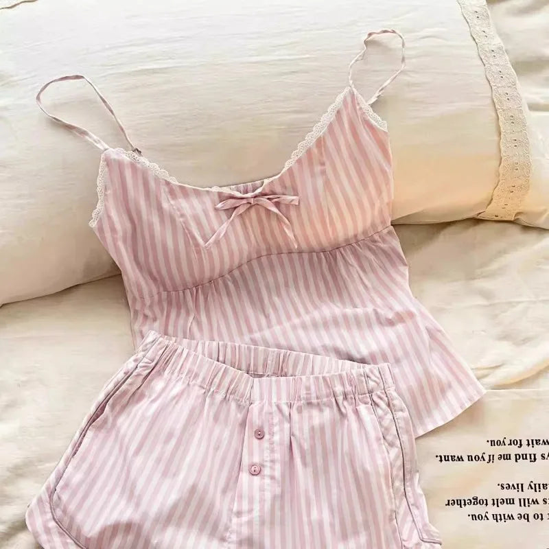 Cute Bow Sweet Striped Spaghetti Strap Top And Shorts Two-piece Pajamas Set