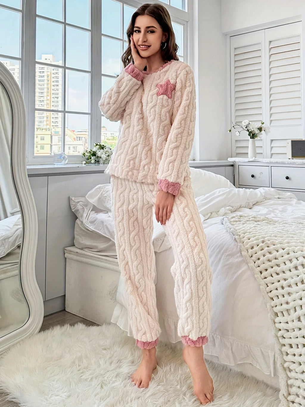 Cozy Winter Pajama Set for Women, Cute Star Embroidered Fleece Warm & Comfortable Homewear