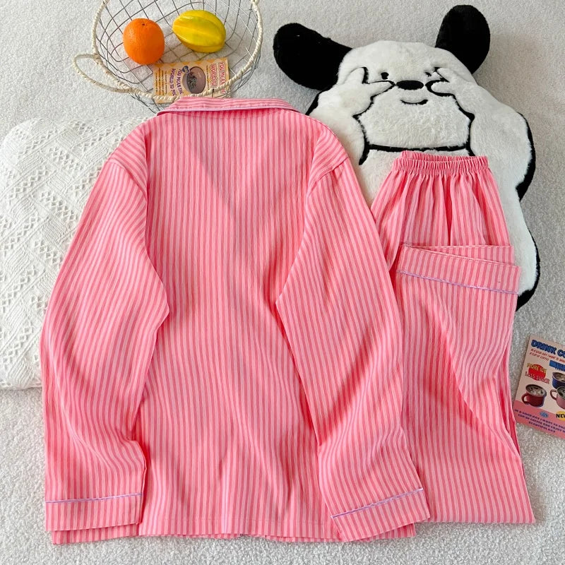 Embroidery Letter Striped Rabbit Print Long Sleepwear Two-piece Women's Pajamas
