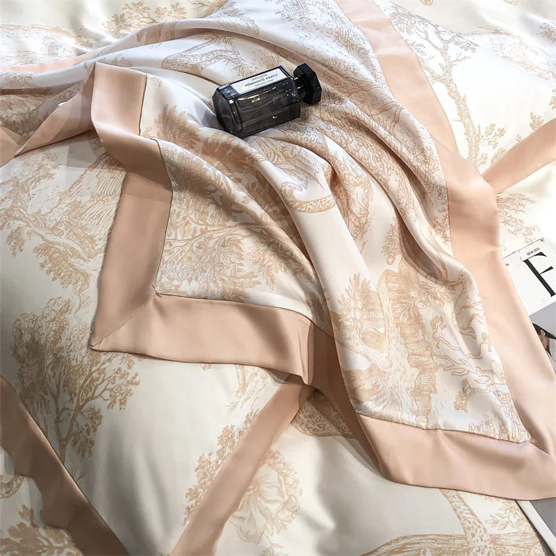 Soft Silky Skin-friendly Natural Eucalyptus Fiber Lyocell Bedding Set Forest Plants Leopard Duvet Cover Set Bed Sheet Pillowcases