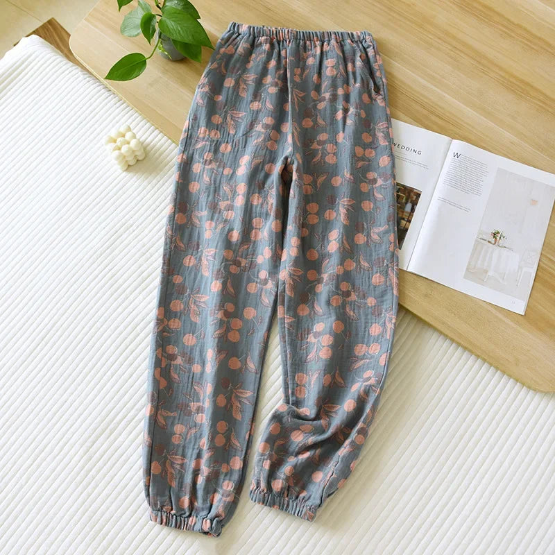 Jacquard Cute and Fresh Flower Pants 100% Cotton Loose Closing Home Pants