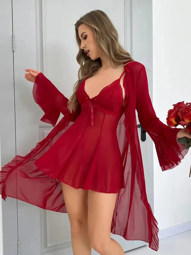 Sexy Lingerie with Suspenders Sheer Transparent Nightgown and Lace Trim