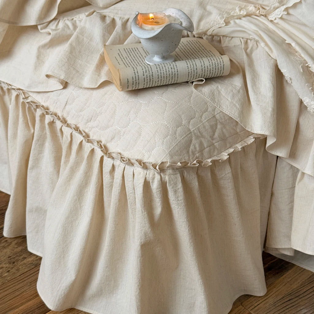 Romantic French Double Layer Lace Ruffles Bedding Set 20% Ramie, 80% Cotton Duvet Cover Set Quilted Bedspread Pillowcases