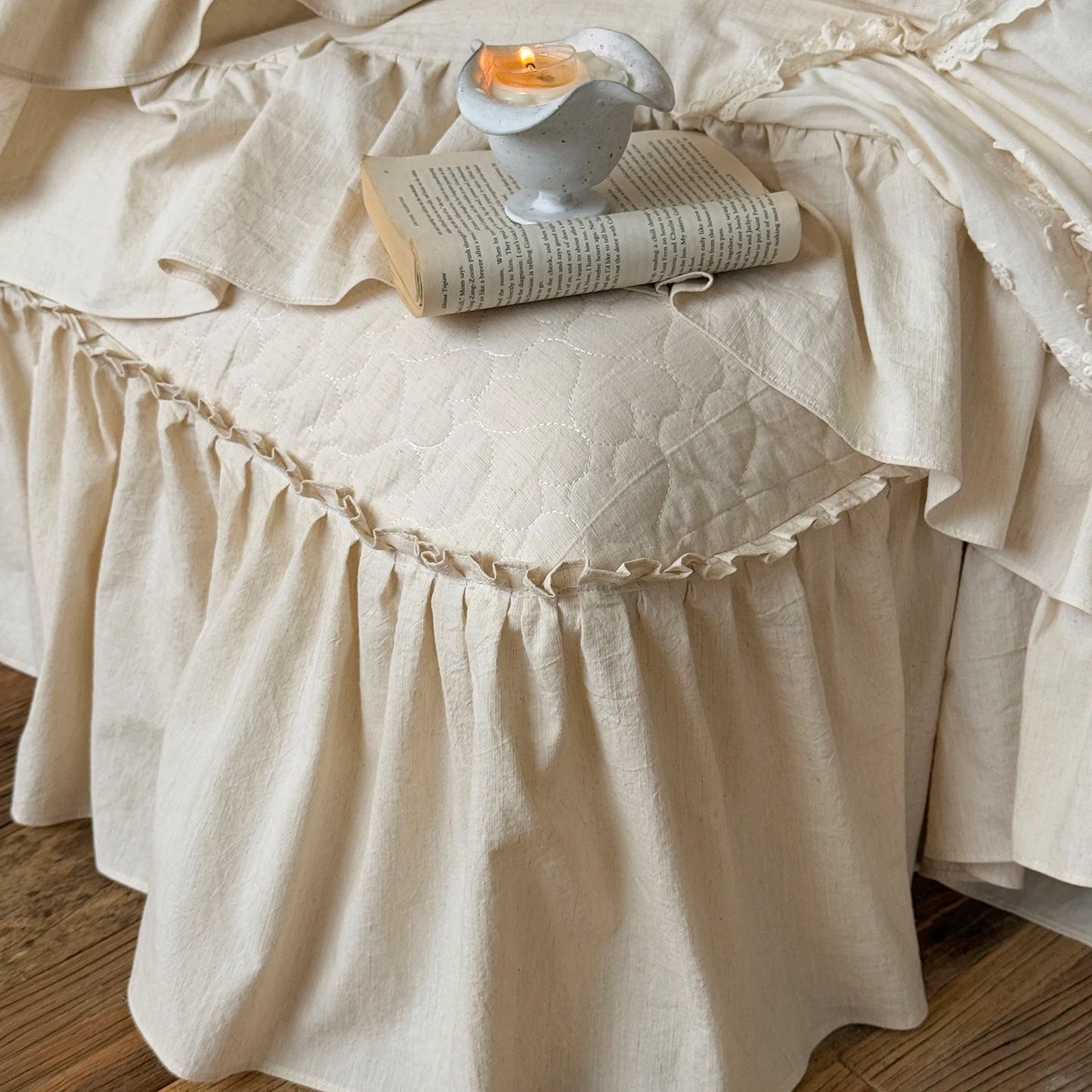 Romantic French Double Layer Lace Ruffles Bedding Set 20% Ramie, 80% Cotton Duvet Cover Set Quilted Bedspread Pillowcases