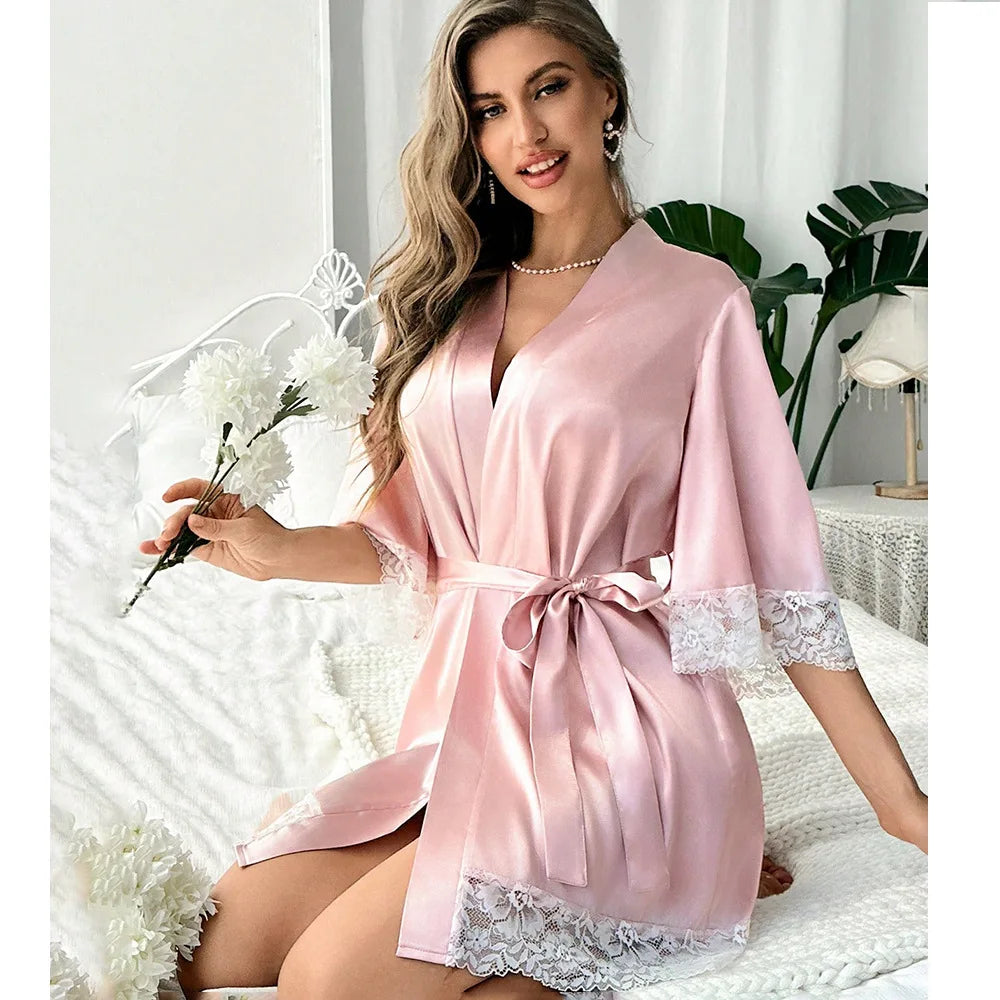 Ladies Elegant Satin Robe Lace Trim Kimono V Neck Belted Nightgown