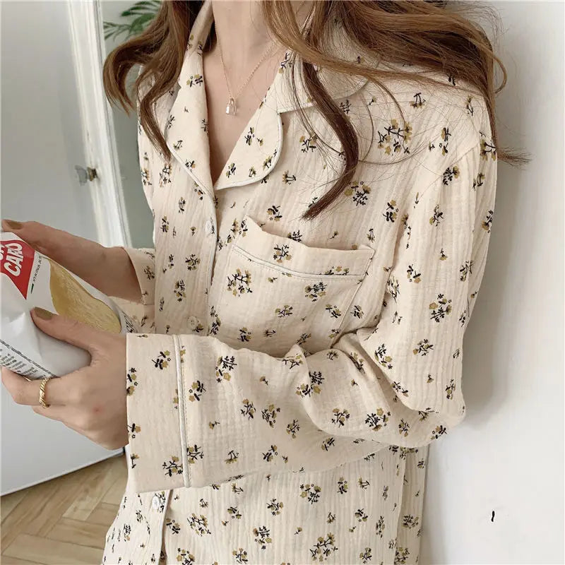 Long-Sleeved Rustic Style Floral Imitation Cotton Wrinkled Cloth Loose Pajamas