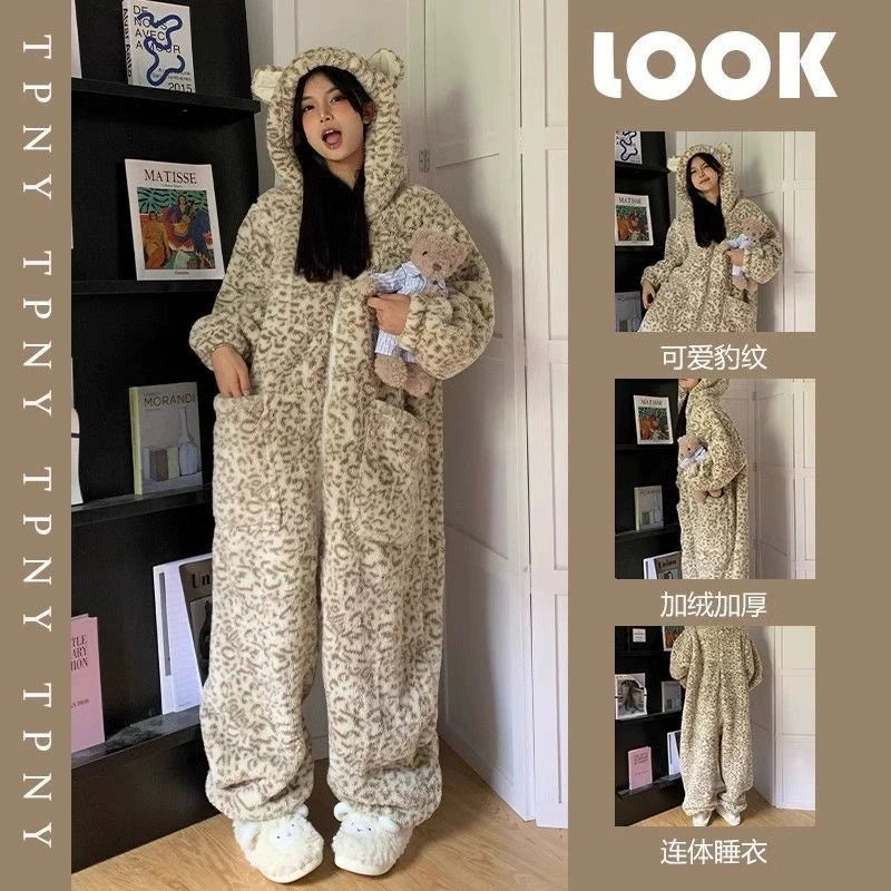 Leopard Hooded Onesie Flannel Pochets Overall Slippers Set