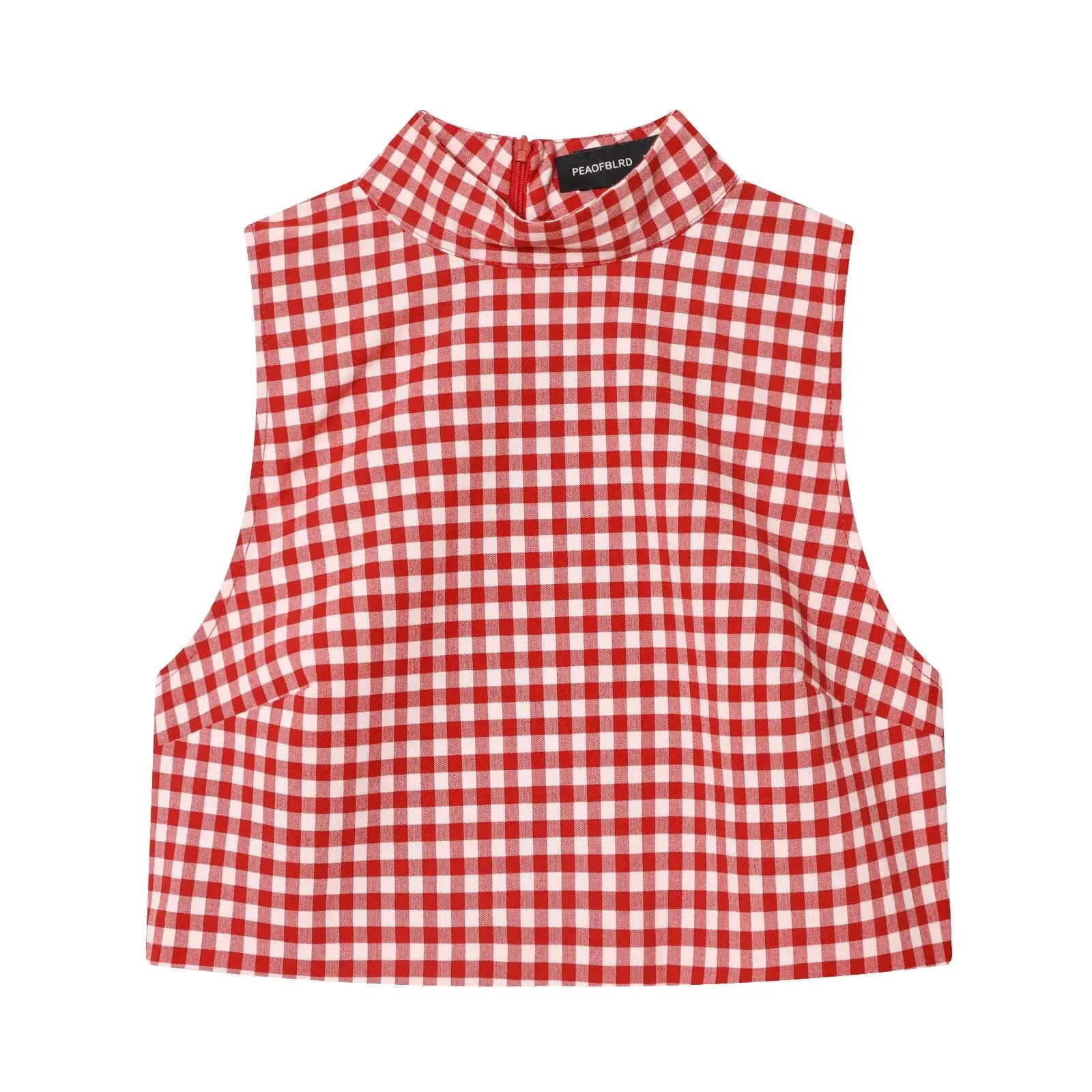 Vintage Red White Plaid 2-Piece Set Collar Zipper Sleeveless Vest+Side Slim Pant