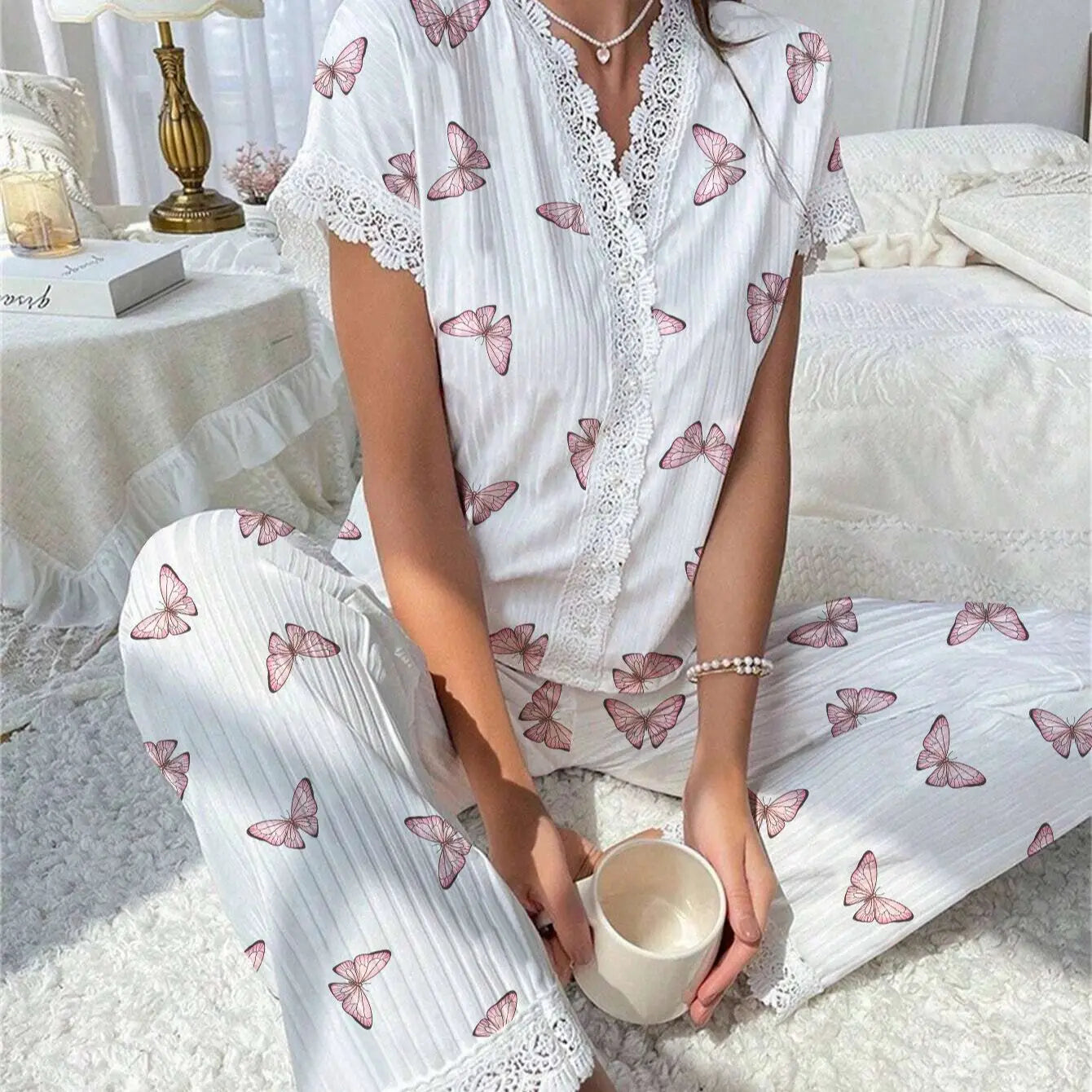 Lace Collar Printed Shirt Trousers Loungewear