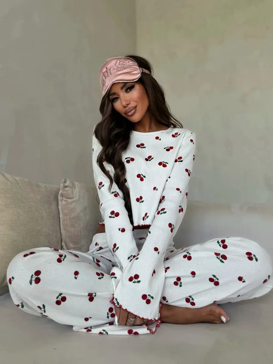Y2K-Style Two-piece Cherry/Heart Print Cuffed-Long-Sleeve Tops and Long Trousers