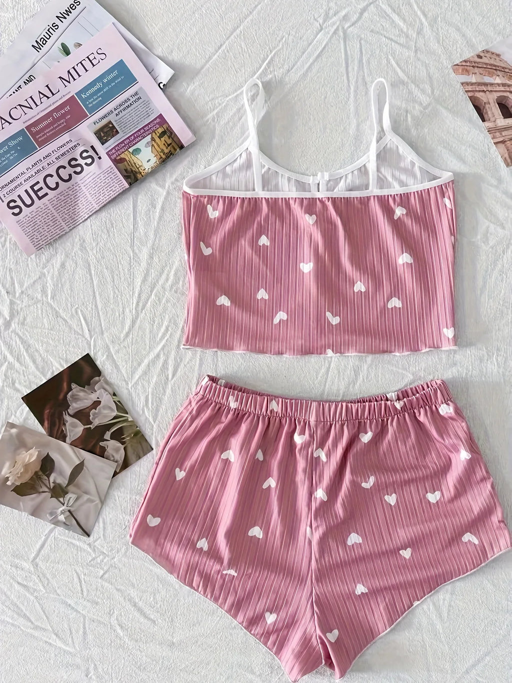 Backless Heart Print Sexy Ribbed Bow Decor Round Neck Cami Top & Shorts Pajama Set