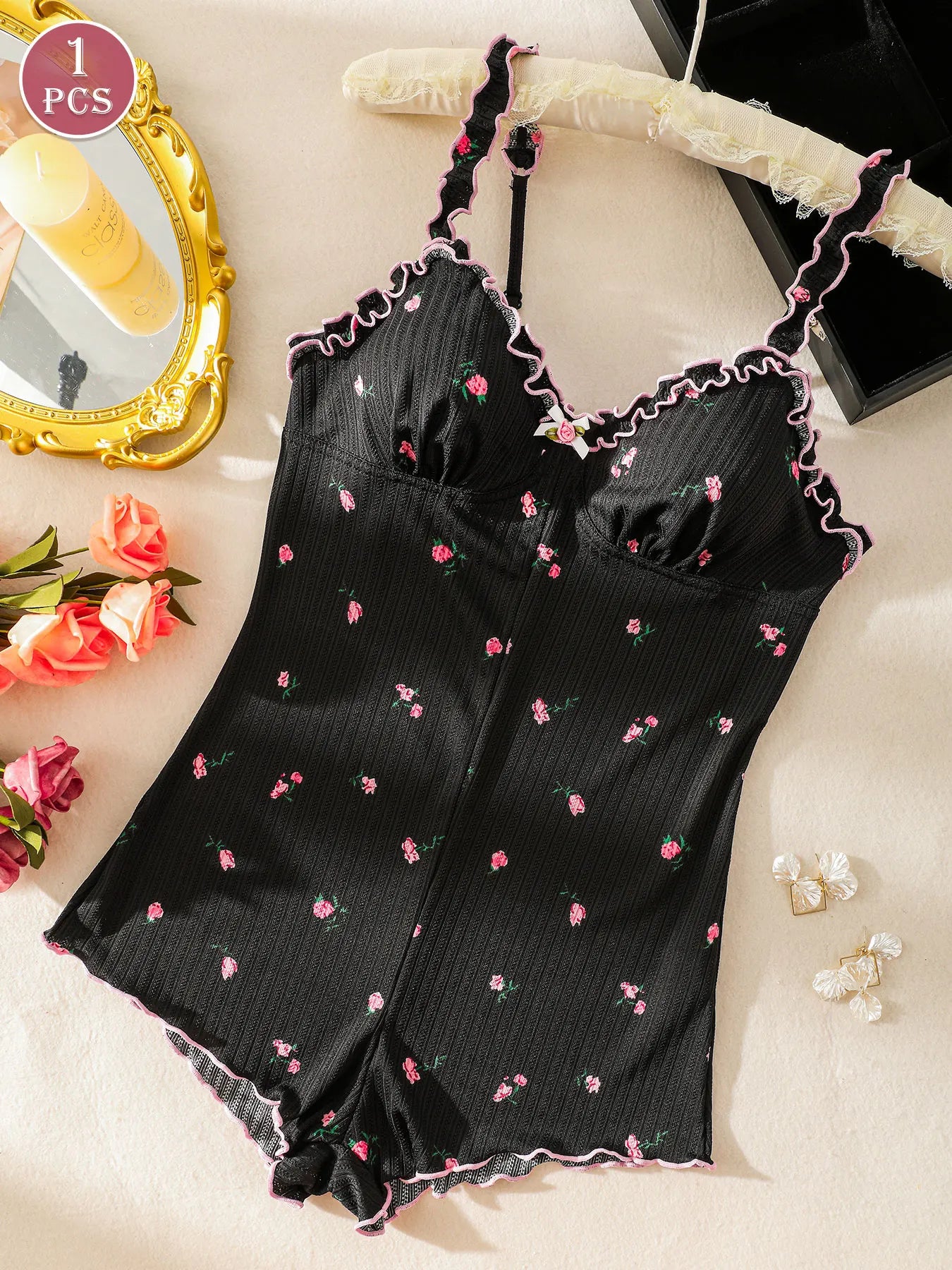 Cute Black Embroidered Rose One-piece Sleeveless Pajama Jumpsuit
