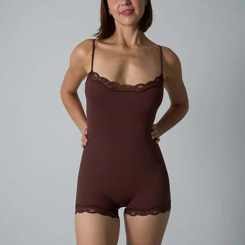 Sexy Lace Patchwork Camisole Square Neck Spaghetti Strap Onesie
