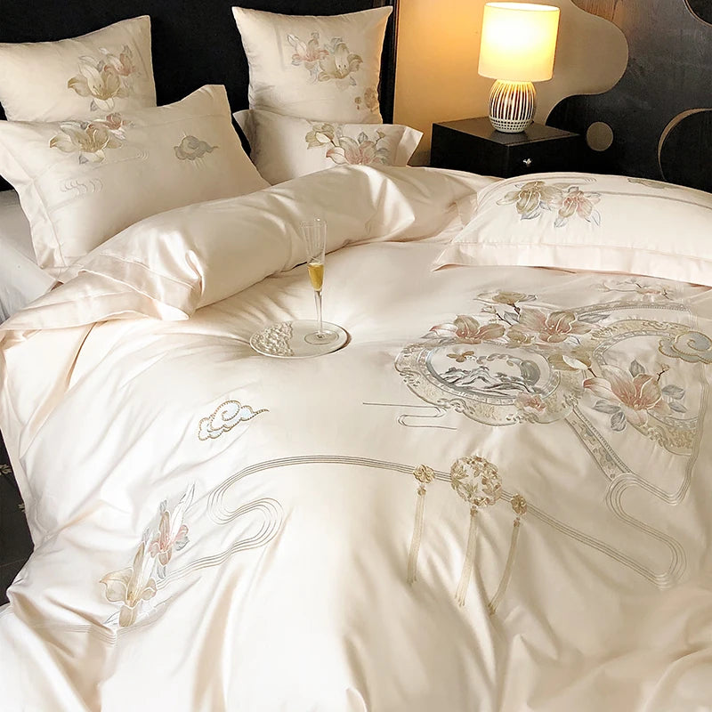 Flowers Bird Embroidery Luxury Bedding Set 1000TC Egyptian Cotton Duvet Cover Bed Sheet Pillowcases 4/5Pcs