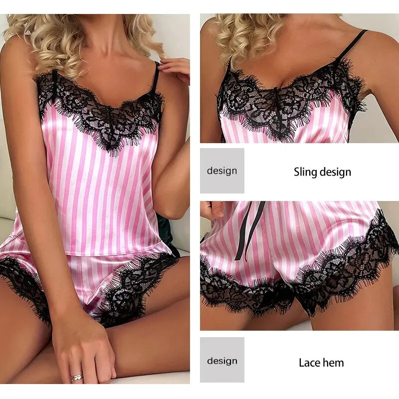 Pink Stripe Two Piece V-Neck Sexy Lace Pajama Shorts Set