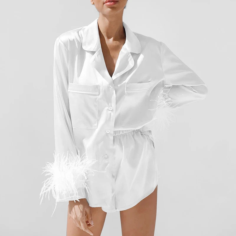 Patchwork Feather Cuffs Solid Color Long Sleeve Button Shirt with Short Pants Loose Loungewear
