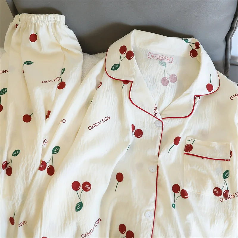 Cherries Print Two Pieces Cotton Pants and Top Set