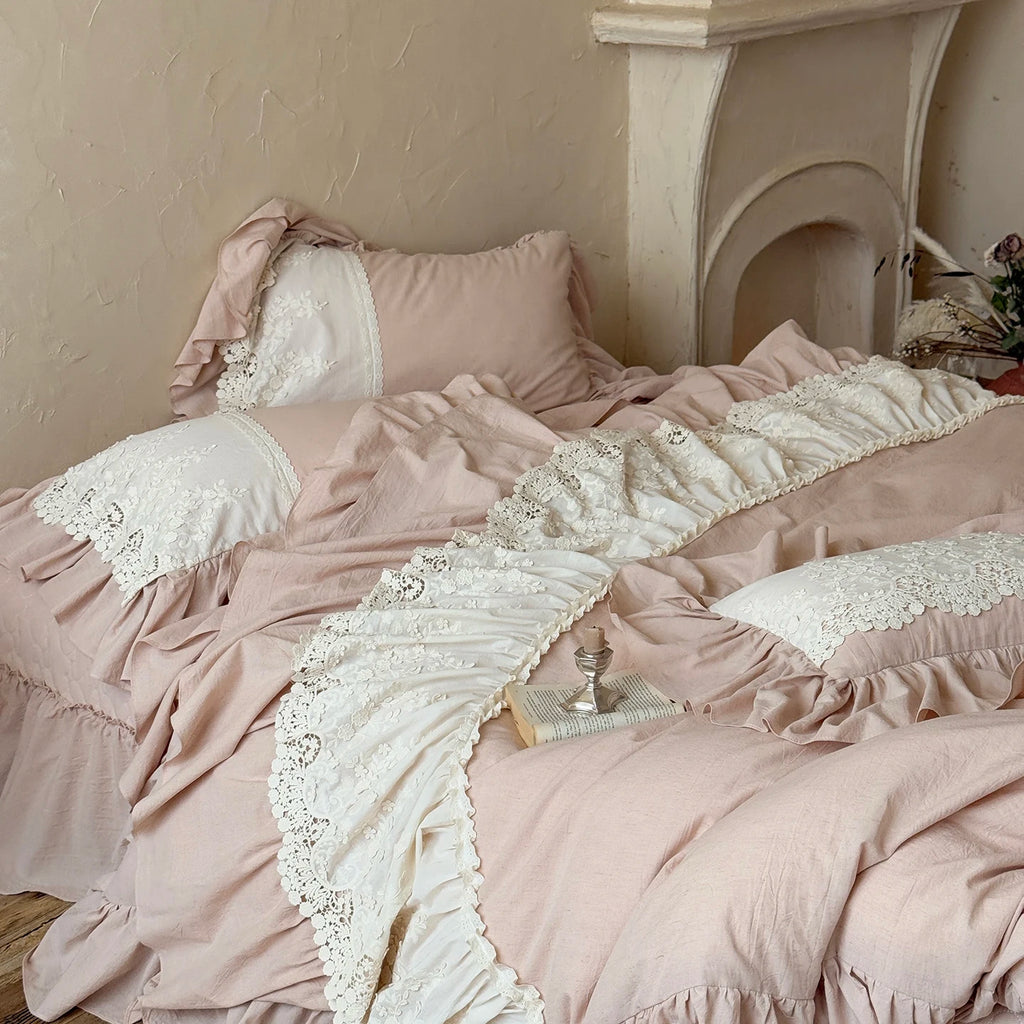 Romantic French Double Layer Lace Ruffles Bedding Set 20% Ramie, 80% Cotton Duvet Cover Set Quilted Bedspread Pillowcases