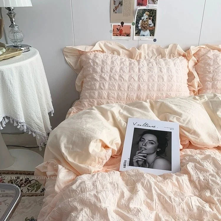 Solid Color Ruffles Lace  Kawaii Soft Sheet Duvet, Pillow & Quilt Cover