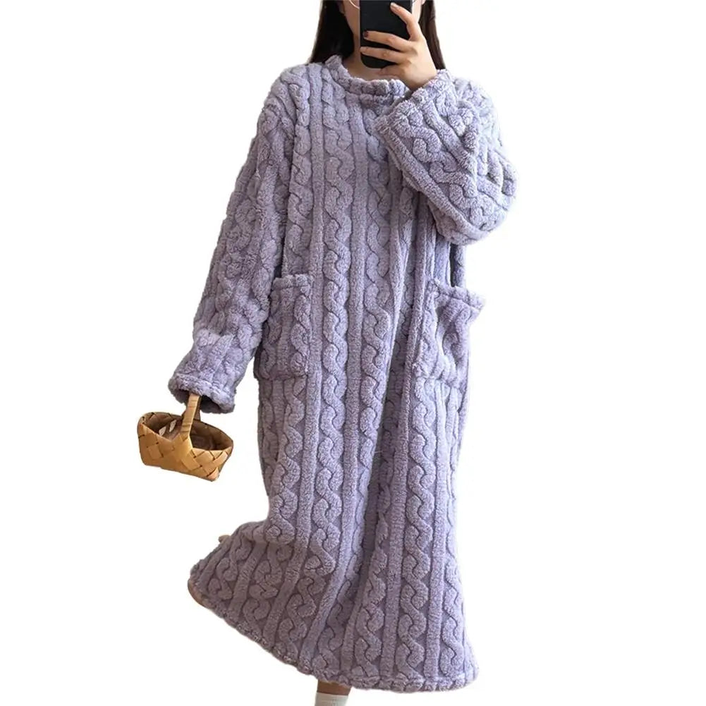 Velvet Women's Long Sleeve Double Pocket Flannel Loose Solid Sleepwear