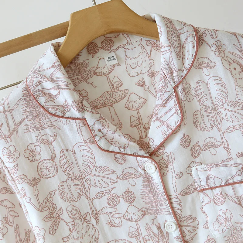 Double Layer Gauze Breathable Cotton Fashion Print Short Sleeved Soft Thin Two-piece Pajama Set