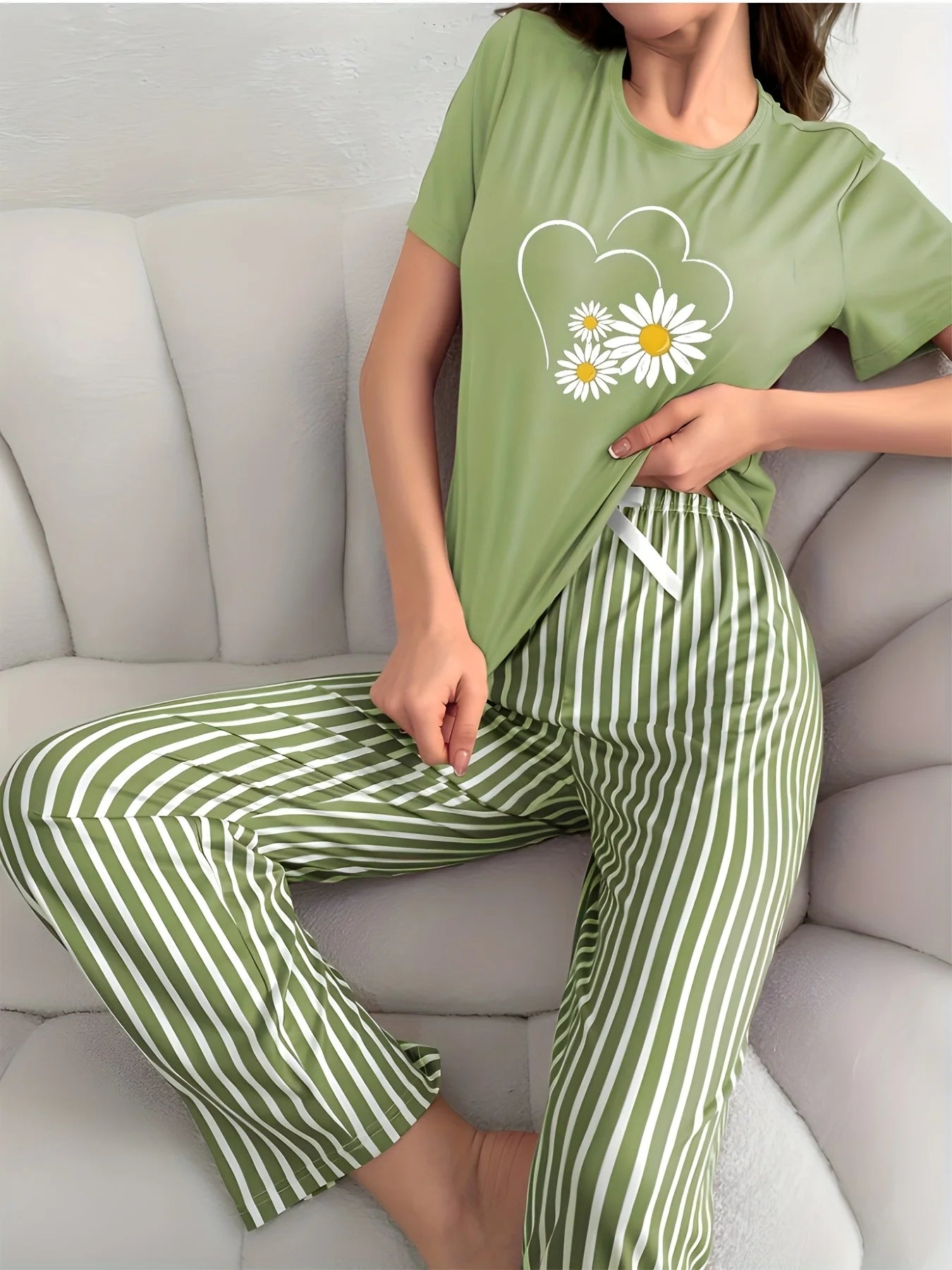 Spring Elegant Floral Print Long Pants and Short-Sleeved Pajama Set
