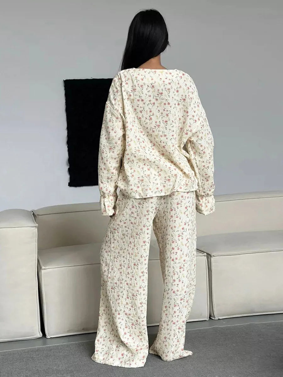 Floral 100% Cotton Printed Loose Cardigan Long Sleeved Pants Pajamas Two-piece Set