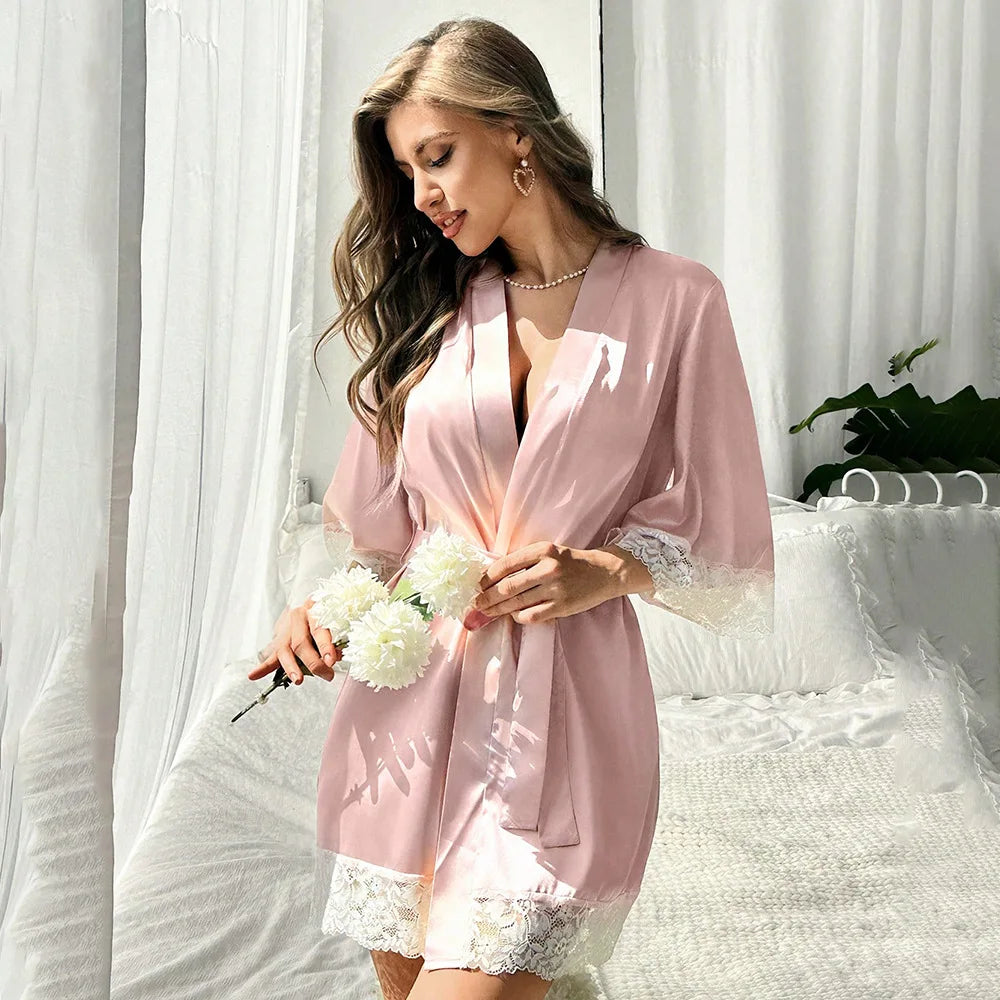 Ladies Elegant Satin Robe Lace Trim Kimono V Neck Belted Nightgown