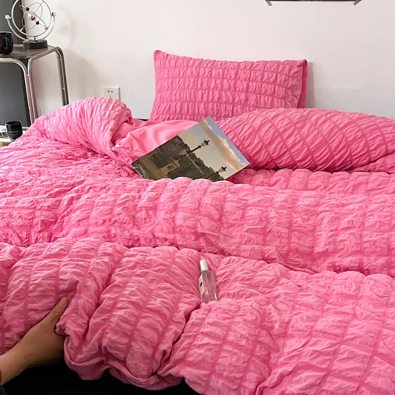 Puffy Check Bubble Fabric Set Duvet Pillowcase Bedding Sheet Quilt Cover Set