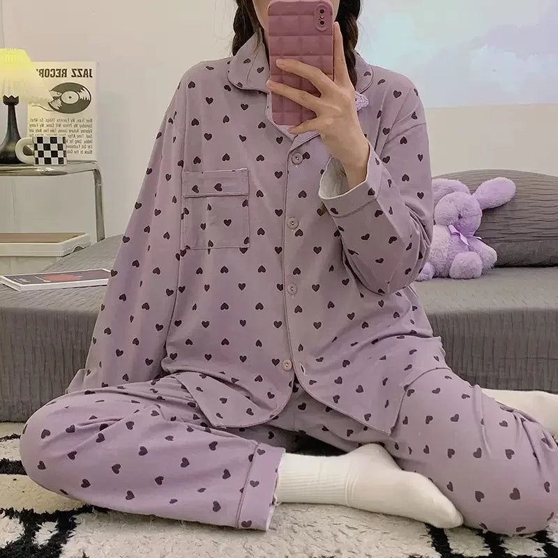 Cozy Heart Print Long Sleeve Pajama Set