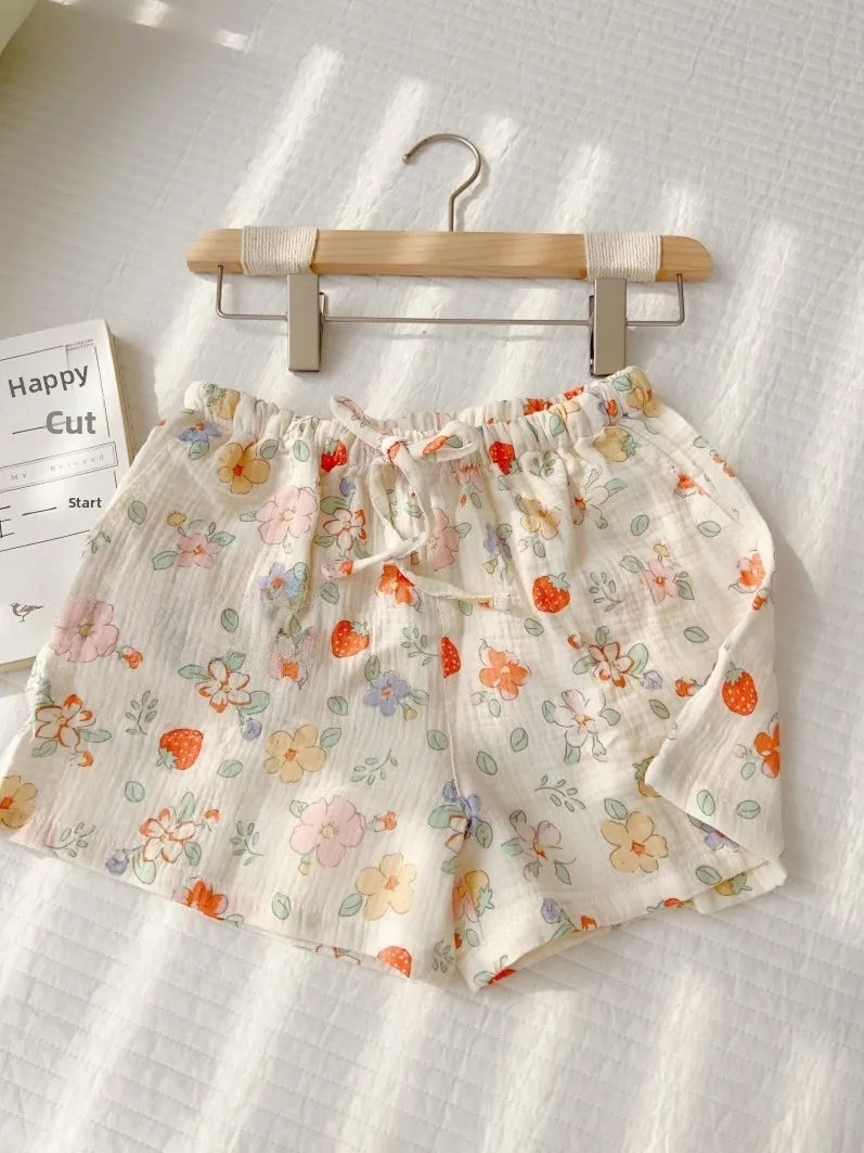 Thin Pure Cotton Bubble Cotton Gauze Sweet Loose High Waist Full Cotton Shorts