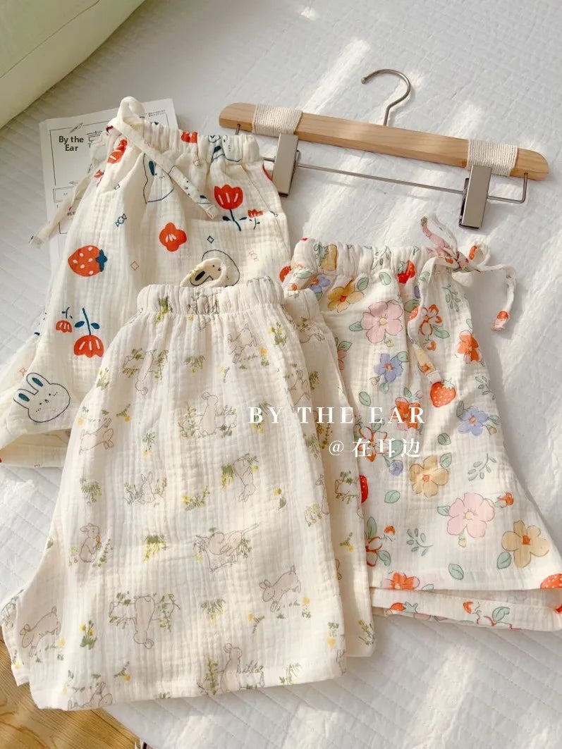 Thin Pure Cotton Bubble Cotton Gauze Sweet Loose High Waist Full Cotton Shorts