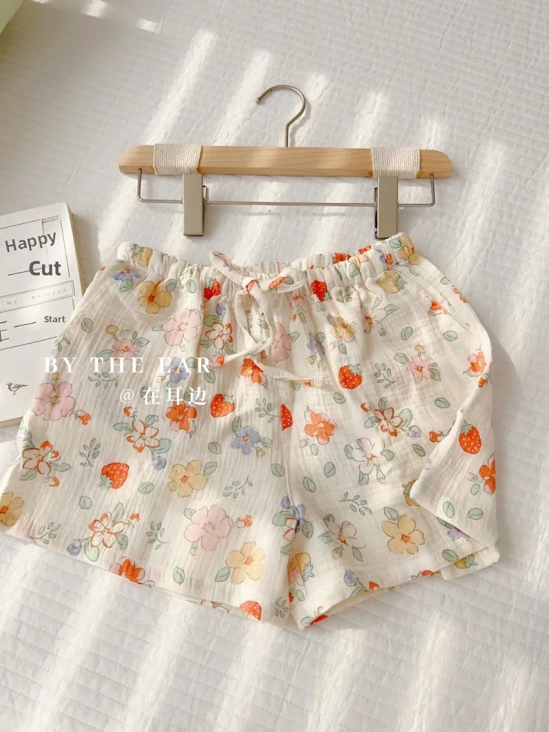 Thin Pure Cotton Bubble Cotton Gauze Sweet Loose High Waist Full Cotton Shorts
