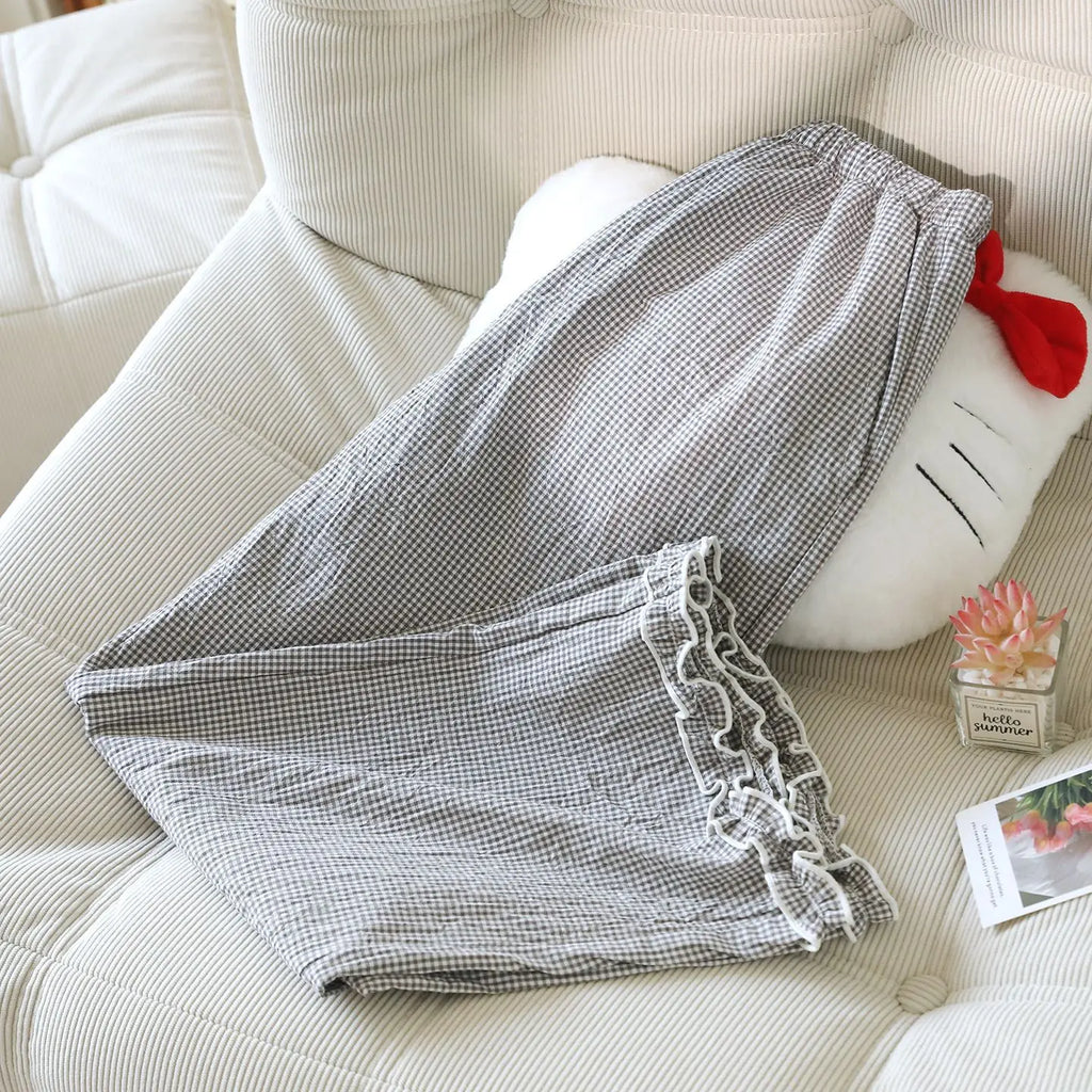 Loose Size Plaid Pajama Pants Elastic Waist Casual Homewear Women Nine-point Trousers
