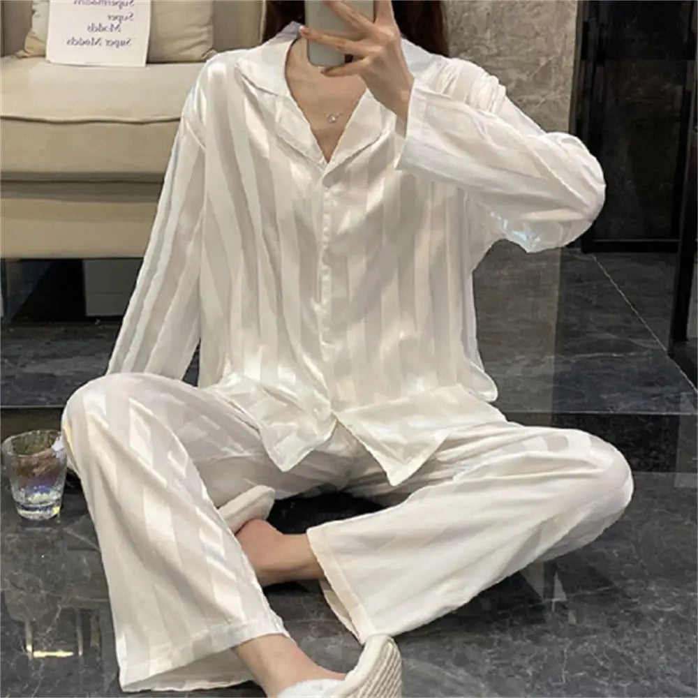 Women's Striped Pajama Set Long Sleeve Top Trousers Silk Satin Loose Casual Sleepwear