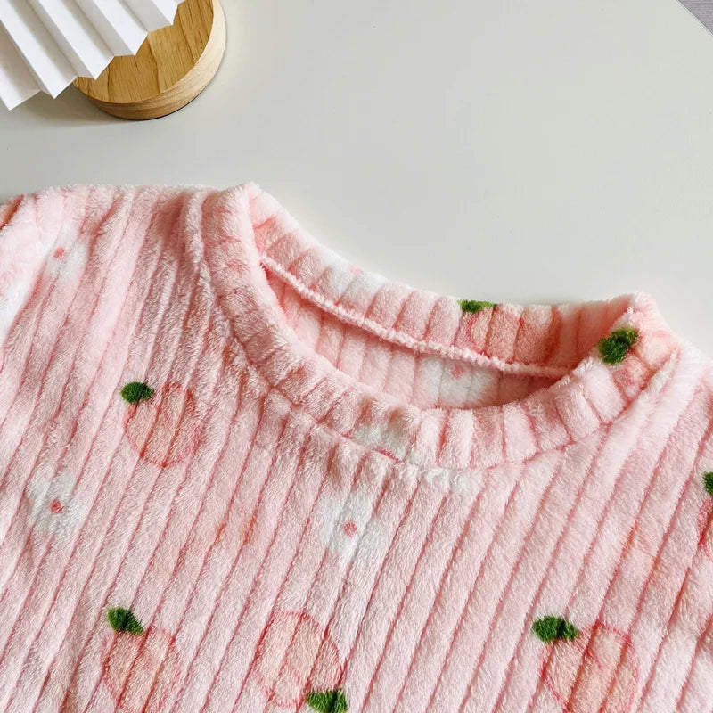 Fleece Print Warm Set Cozy Sleepwear Cute Cartoon Home Outfit Comfortable Loungewear Soft Pajamas