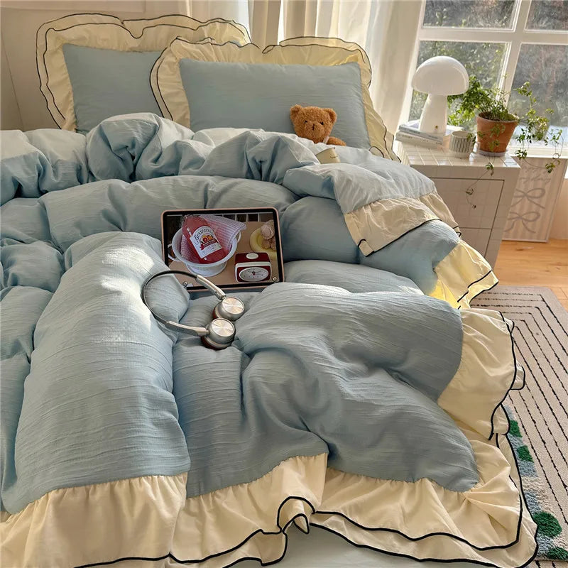 Princess Style Ruffles Bedding Set Skin-friendly Soft Duvet Cover Set Bed Sheet Or Bed Skirt Pillowcases 3/4Pcs