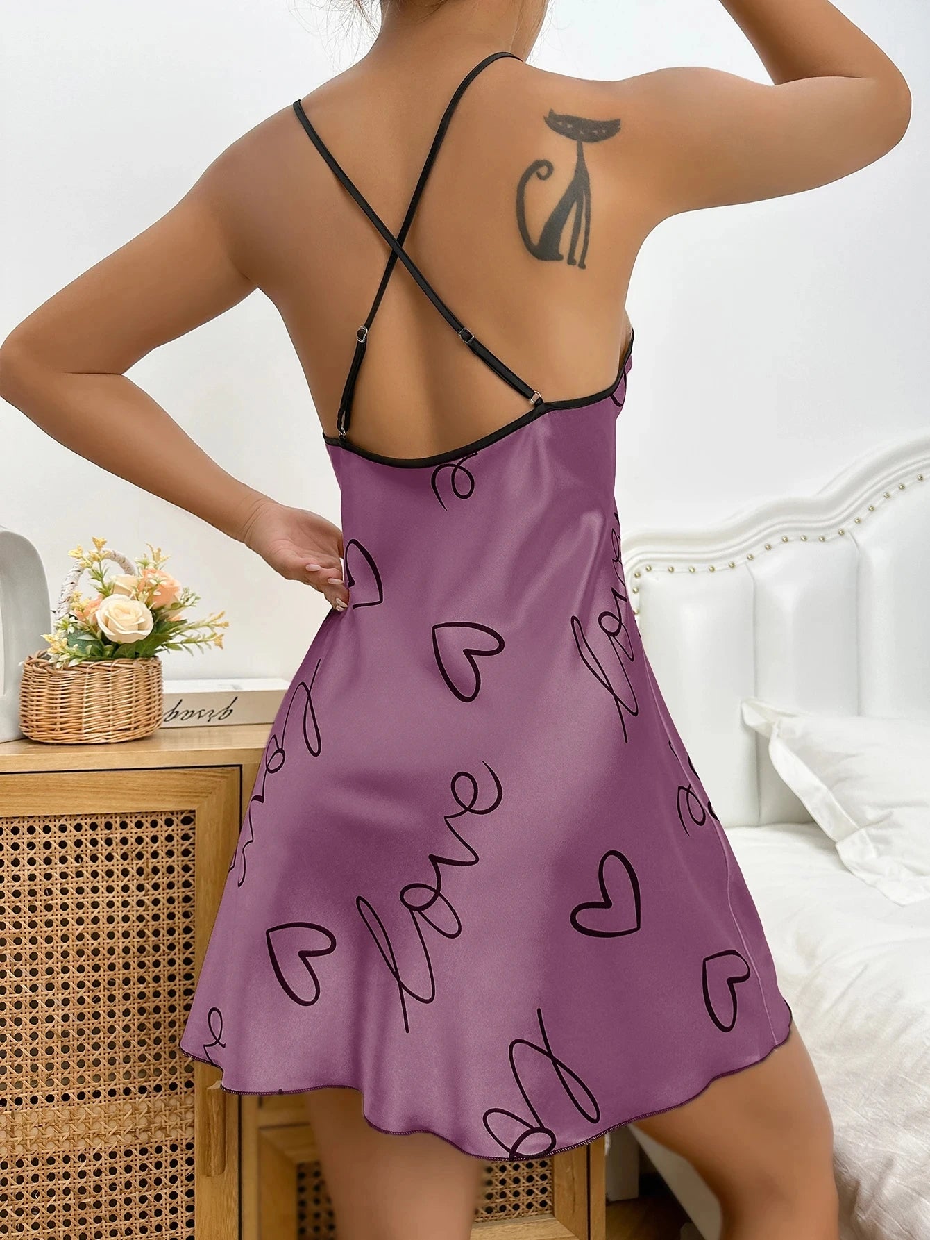 Heart Print Nightdress Scoop Neck Criss Cross Back Sleep Dress Women's Sleepwear