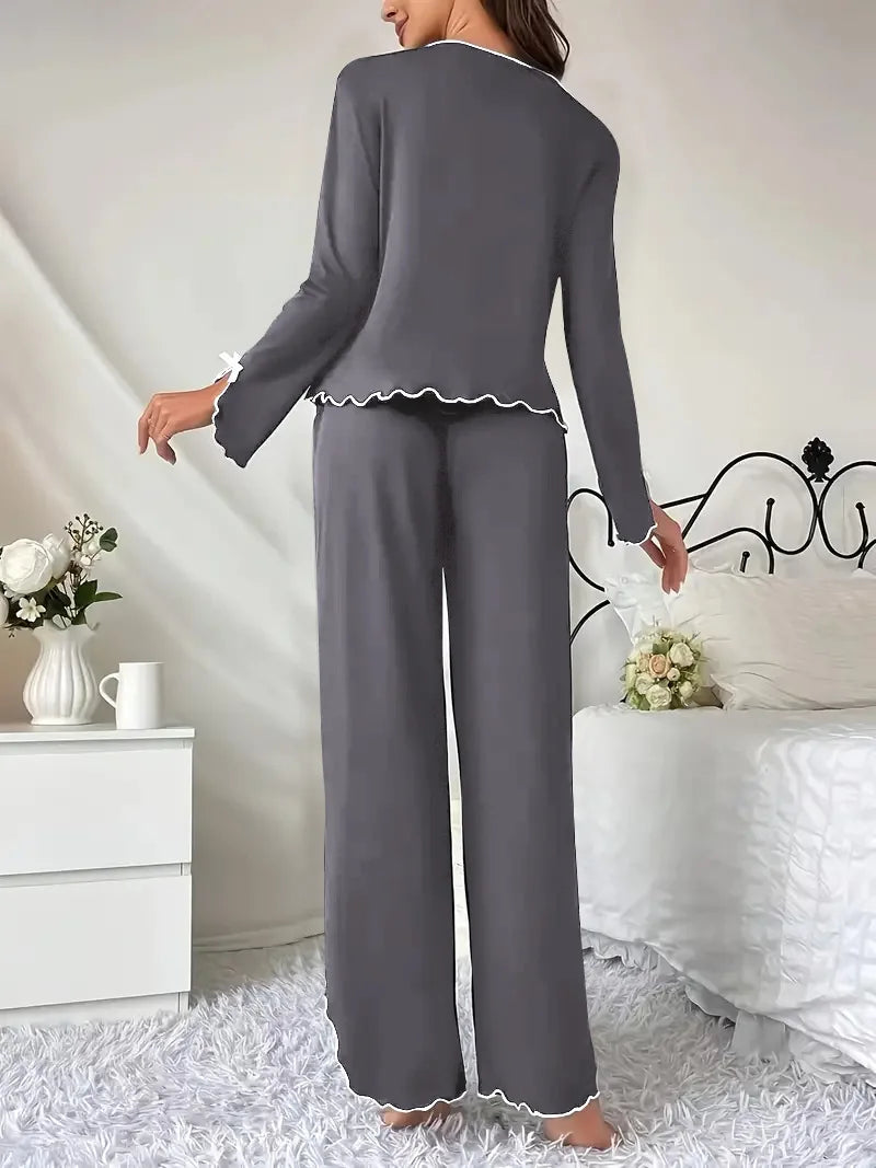 Long Sleeve Solid T-shirt with Pants Loose Loungewear