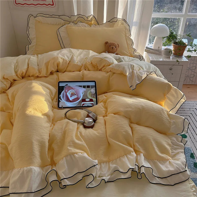 Princess Style Ruffles Bedding Set Skin-friendly Soft Duvet Cover Set Bed Sheet Or Bed Skirt Pillowcases 3/4Pcs