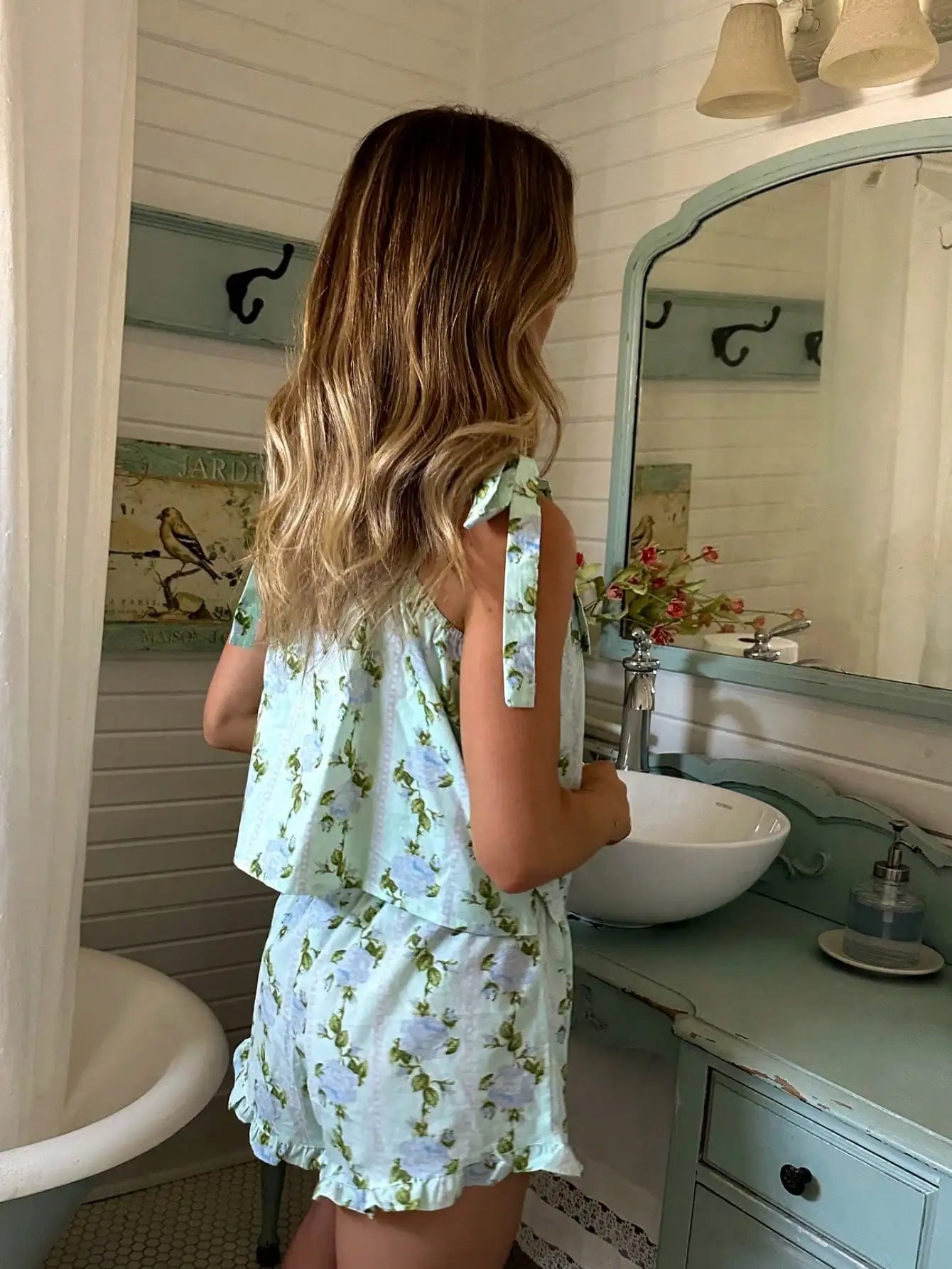 Floral Sleeveless Smocked Pajama Set with Tie Shoulders and Ruffle Shorts Loungewear