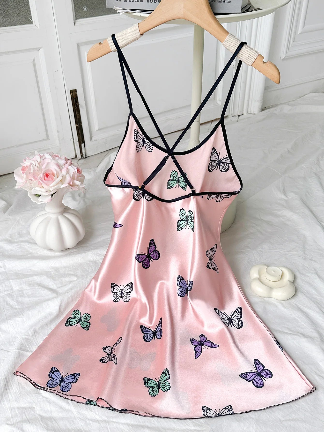 Silk Stain Butterfly Printed Slip Sexy Backless Nightdress