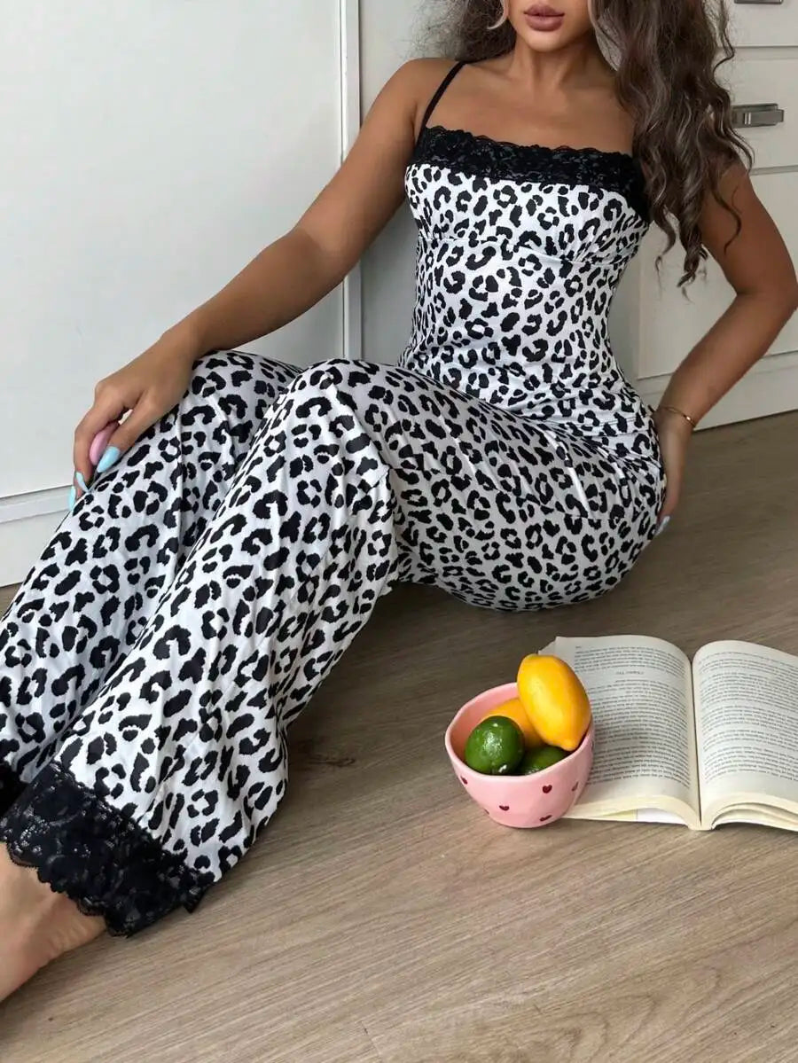 Leopard Print Lace Trim Pajama Set for Women - Silk-Like Satin Sleepwear