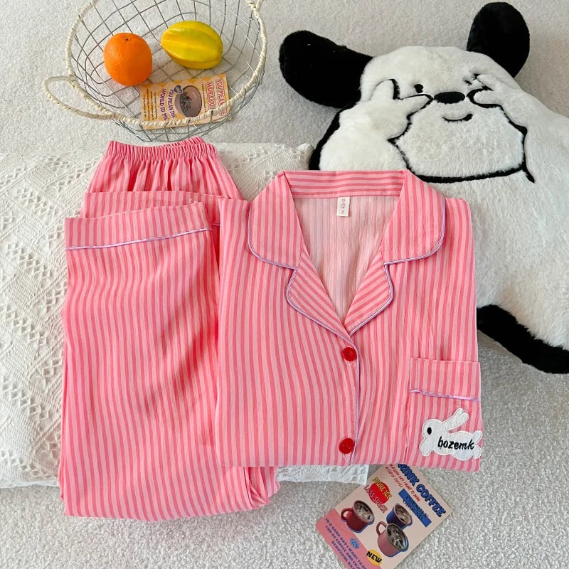 Embroidery Letter Striped Rabbit Print Long Sleepwear Two-piece Women's Pajamas