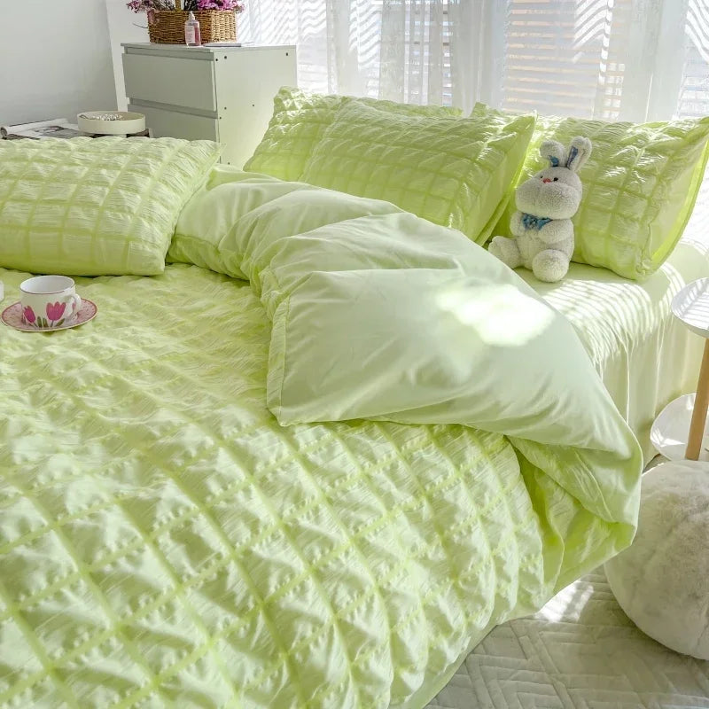 Puffy Check Bubble Fabric Set Duvet Pillowcase Bedding Sheet Quilt Cover Set